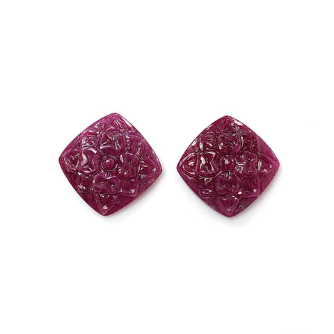 Ruby Gemstone Carving : 24.00cts Natural Untreated Unheated Red Ruby Hand Carved Cushion Shape 15mm Pair