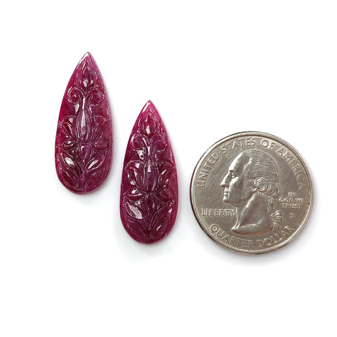Ruby Gemstone Carving : 30.00cts Natural Untreated Unheated Red Ruby Hand Carved Pear Shape 28*12mm - 29*12mm 2pc