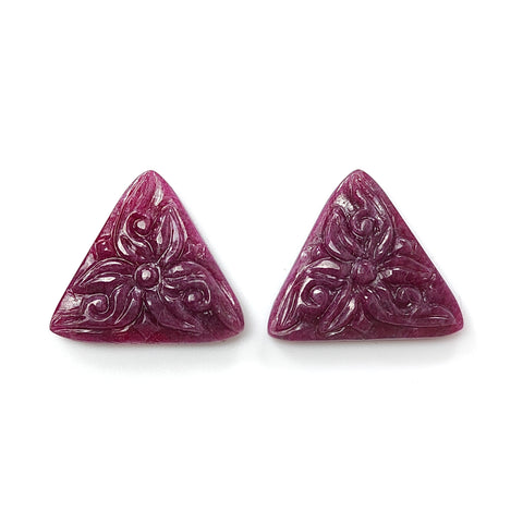 Ruby Gemstone Carving : 30.50cts Natural Untreated Unheated Red Ruby Hand Carved Triangle Shape 19mm Pair
