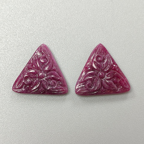 Ruby Gemstone Carving : 30.50cts Natural Untreated Unheated Red Ruby Hand Carved Triangle Shape 19mm Pair