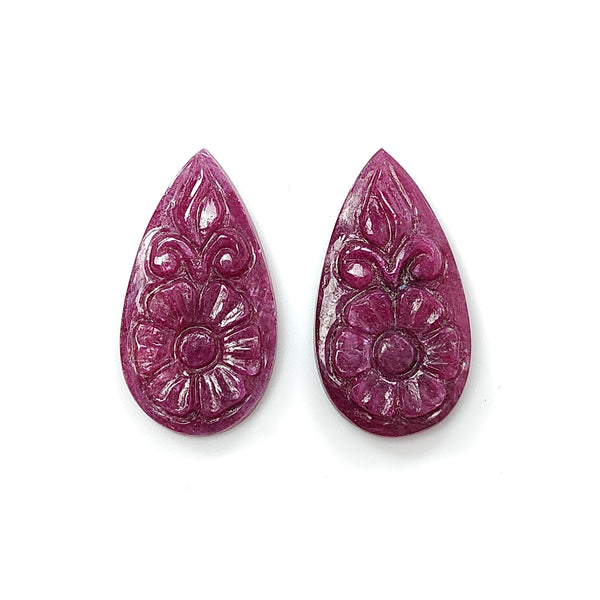 Ruby Gemstone Carving : 30.80cts Natural Untreated Unheated Red Ruby Hand Carved Pear Shape 28*15mm Pair