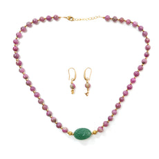 Zoisite Ruby Necklace Earring Jewelry Set: 234.20cts Natural Untreated Ruby, Quartzite Round Plain Brass Jewelry Set 8mm 18