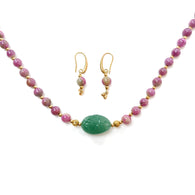 Zoisite Ruby Necklace Earring Jewelry Set: 234.20cts Natural Untreated Ruby, Quartzite Round Plain Brass Jewelry Set 8mm 18