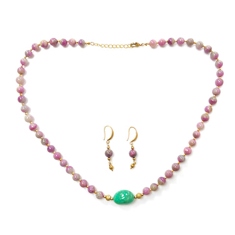 Zoisite Ruby Necklace Earring Jewelry Set: 209.40cts Natural Untreated Ruby, Chrysoprase Round Plain Brass Jewelry Set 7mm 18