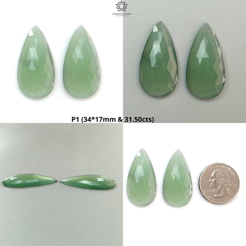 Antigorite Serpentine Gemstone Rose Cut Slices: Natural Untreated Serpentine Pear Shape Faceted Pair for Jewelry