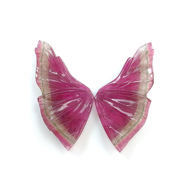 Rubellite Tourmaline Gemstone Carving: 44.40cts Natural Untreated Watermelon Pink Tourmaline Hand Carved Butterfly 41.5*20.5mm Pair