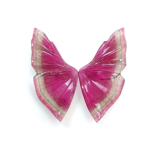 Rubellite Tourmaline Gemstone Carving: 49.90cts Natural Untreated Watermelon Pink Tourmaline Hand Carved Butterfly 45.5*22mm Pair