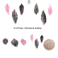 Watermelon Tourmaline Gemstone Carving: Natural Untreated Unheated Bi-Color Tourmaline Hand Carved Leaves 3pcs Set October Birthstone