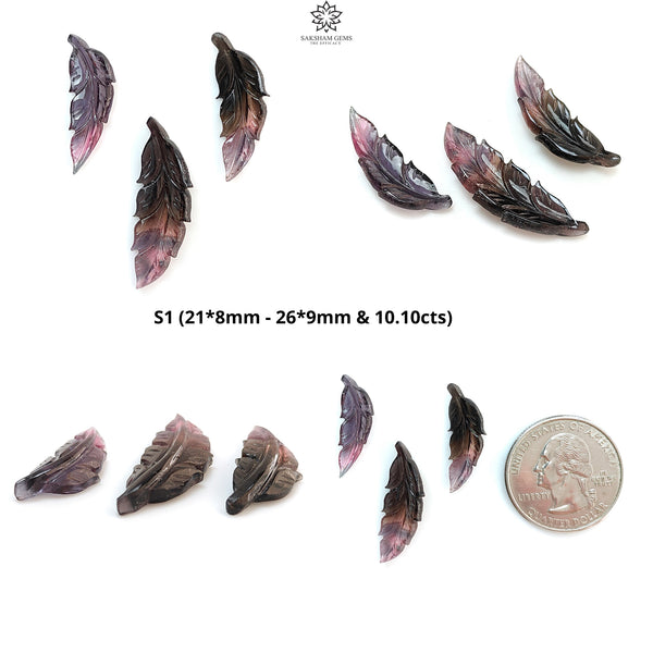 Watermelon Tourmaline Gemstone Carving: Natural Untreated Unheated Bi-Color Tourmaline Hand Carved Leaves 3pcs Set October Birthstone