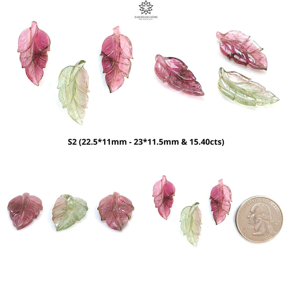 Watermelon Tourmaline Gemstone Carving: Natural Untreated Unheated Bi-Color Tourmaline Hand Carved Leaves 3pcs Set October Birthstone