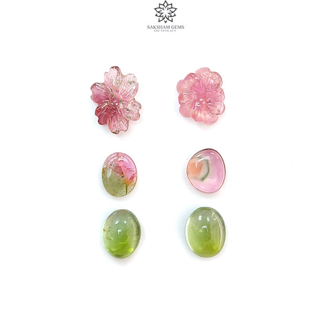 Watermelon Tourmaline Gemstone Cabochon & Carving: 9.50cts Natural Untreated Bi-Color Tourmaline Oval, Flower Shape 9*7mm - 12*9mm 6pcs Set