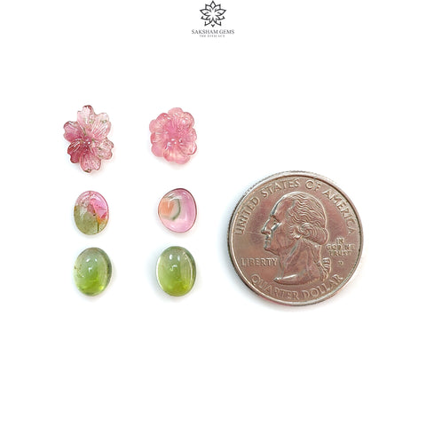 Watermelon Tourmaline Gemstone Cabochon & Carving: 9.50cts Natural Untreated Bi-Color Tourmaline Oval, Flower Shape 9*7mm - 12*9mm 6pcs Set