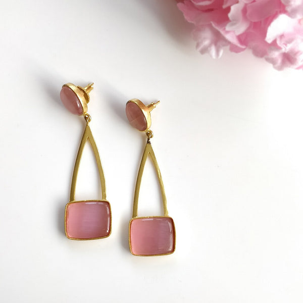 Pink Cat's Eye Rhinestone Gemstone Earring : 2.5"*0.65" Handmade Brass 18k Gold Plated 12.50gms Bezel Setting Drop Dangle Push Back Earring