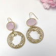 Pink Onyx Gemstone Earring : 2.50"*1.5" Handmade 18k Gold Plated 14.50gms Brass Faceted Texture Round Bezel Set Drop Dangle Hook Earrings
