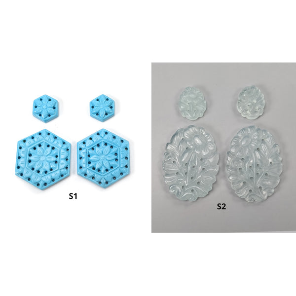 Simulant Turquoise & Milky Onyx Gemstone Carving : Natural Onyx And Turquoise Hand Carved Hexagon Oval Shape 4pcs Set