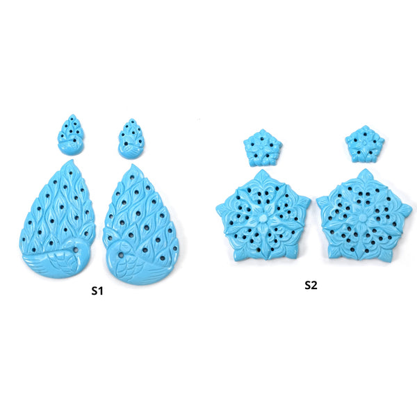 Simulant BLUE TURQUOISE Gemstone Carving : Turquoise Hand Carved Pear And Uneven Shape 4pcs Sets