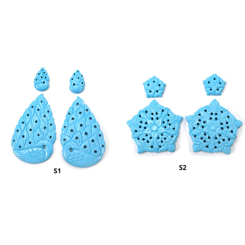 Simulant BLUE TURQUOISE Gemstone Carving : Turquoise Hand Carved Pear And Uneven Shape 4pcs Sets