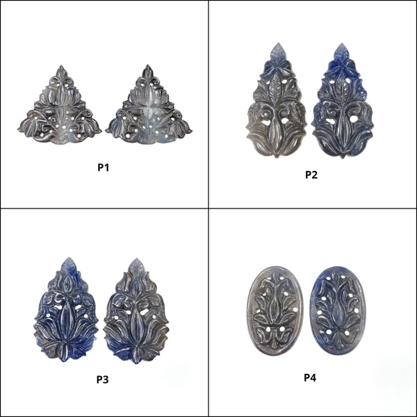 SILVER GRAY & Blue SAPPHIRE Gemstone Carving : Natural Untreated Sapphire Hand Carved Triangle, Pear And Oval Shape Pair