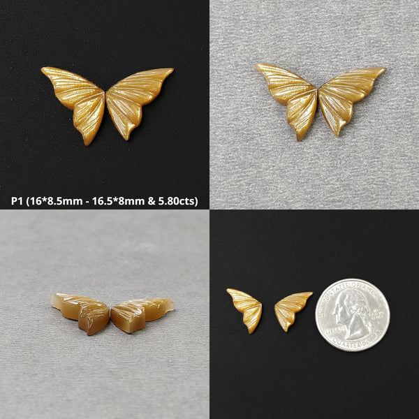 YELLOW Fire MOONSTONE Gemstone Carving : Natural Untreated Unheated Moonstone Hand Carved BUTTERFLY Pair