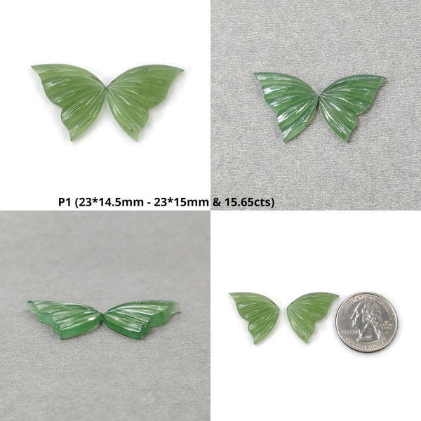 ANTIGORITE SERPENTINE Gemstone Carving : Natural Untreated Green Serpentine Hand Carved Butterfly Pair