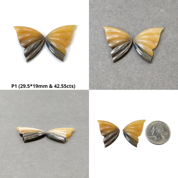 Exclusive Rare Yellow Chocolate SAPPHIRE Gemstone Carving : Natural Untreated Bi-Color Sapphire Hand Carved BUTTERFLY Pair