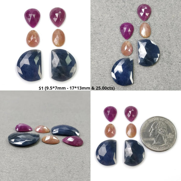 Sapphire Gemstone Rose & Step Cut : Natural Untreated Unheated Multi Sapphire Bi-Color Pear Oval Uneven Shape 6pcs Sets