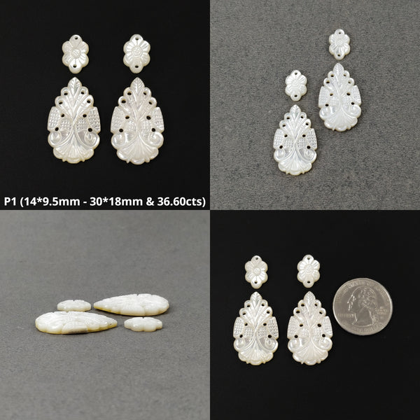 MOTHER OF PEARL Gemstone Carving : Natural Untreated White Mop Hand Carved Pear Oval Round Shapes Sets