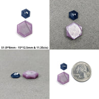 नीलम रत्न फ्लैट स्लाइस: प्राकृतिक अनुपचारित रोज़मेरी गुलाबी और नीला नीलम षट्भुज आकार सेट