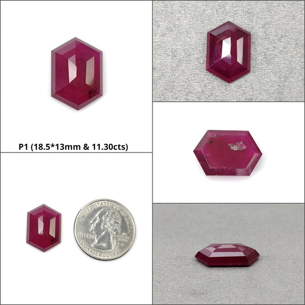 RUBY Gemstone Step Cut : Natural Glass Filled Red Ruby Hexagon Shape