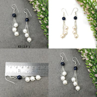 Blue SAPPHIRE & Pearl Gemstone 925 Sterling Silver Beaded Earrings : Natural Untreated Long Drop Dangle Ear Wire Hook Earrings
