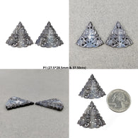 SILVER GRAY & Blue SAPPHIRE Gemstone Carving : Natural Untreated Sapphire Hand Carved Triangle, Pear And Oval Shape Pair