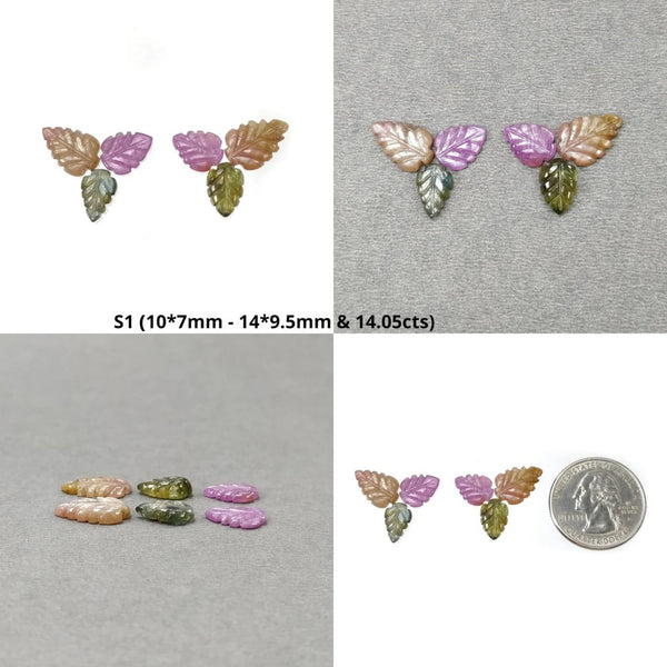 Sapphire Gemstone Carving : Natural Untreated Unheated Multi Sapphire Bi-Color Hand Carved Leaves 6pcs Set For Earrings