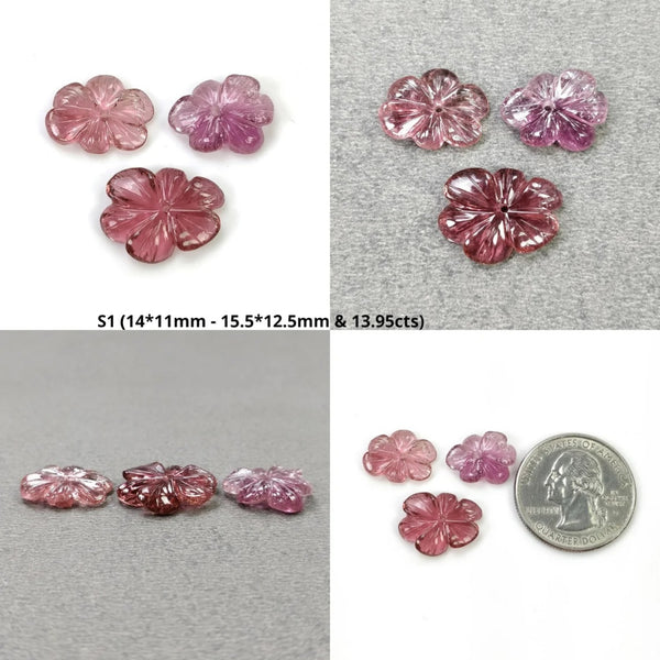 Tourmaline Gemstone Carving : Natural Untreated Rubellite Pink Tourmaline Hand Carved Drilled Flower 3pcs Sets