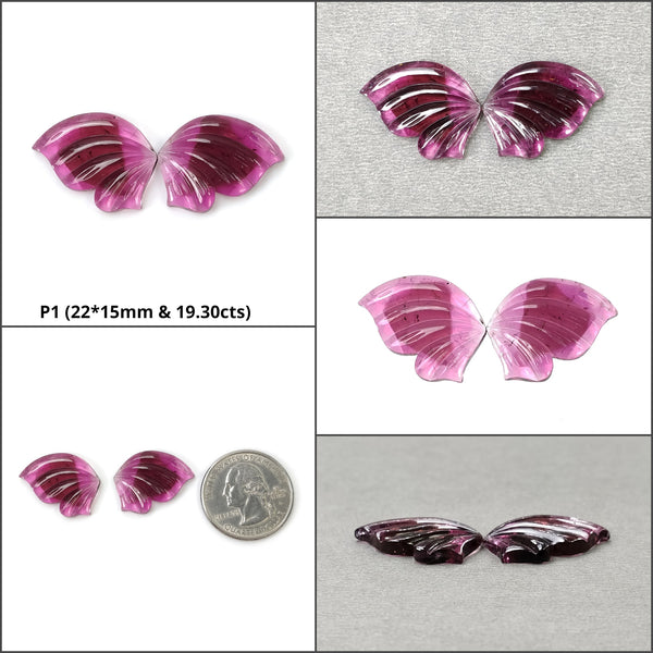 RUBELLITE TOURMALINE Gemstone Carving : Natural Untreated Unheated Watermelon Pink Tourmaline Hand Carved BUTTERFLY Pair