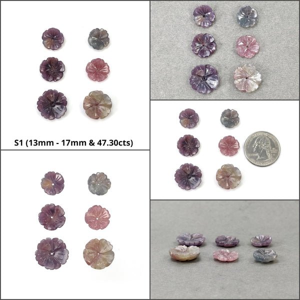 Sapphire Gemstone Carving : Natural Untreated Unheated Bi-Color Multi Sapphire Hand Carved Drilled Flowers 6pcs Set