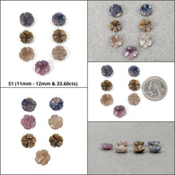 Sapphire Gemstone Carving : Natural Untreated Unheated Bi-Color Multi Sapphire Hand Carved Drilled Flowers 7pcs & 8pcs Set