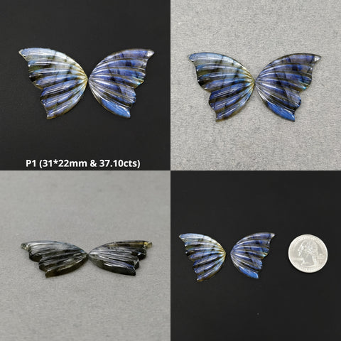 LABRADORITE Gemstone Carving : Natural Untreated Unheated Labradorite Hand Carved Butterfly Pair