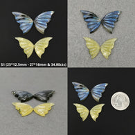Labradorite & Yellow Opal Gemstone Carving : Natural Untreated Unheated Hand Carved Butterfly 2Pair Set