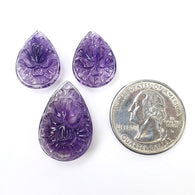 Purple AMETHYST Gemstone Carving : 47.00cts Natural Untreated Amethyst Hand Carved Pear Shape Briolette 19*14mm - 25*16mm 3pcs (With Video)