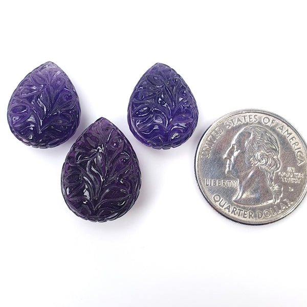 PURPLE AMETHYST Gemstone Carving : 50.00cts Natural Untreated Amethyst Hand Carved Pear Shape Briolette 19*14mm - 21*16mm 3pcs (With Video)
