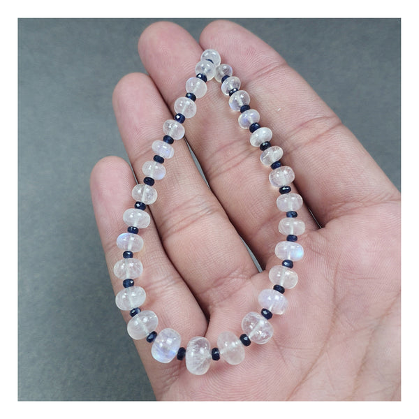 RAINBOW MOONSTONE & BLUE Sapphire Gemstone Loose Beads : 53.70cts Natural Untreated Moonstone Oval Plain Nuggets 6mm - 8.5mm 7" (With Video)