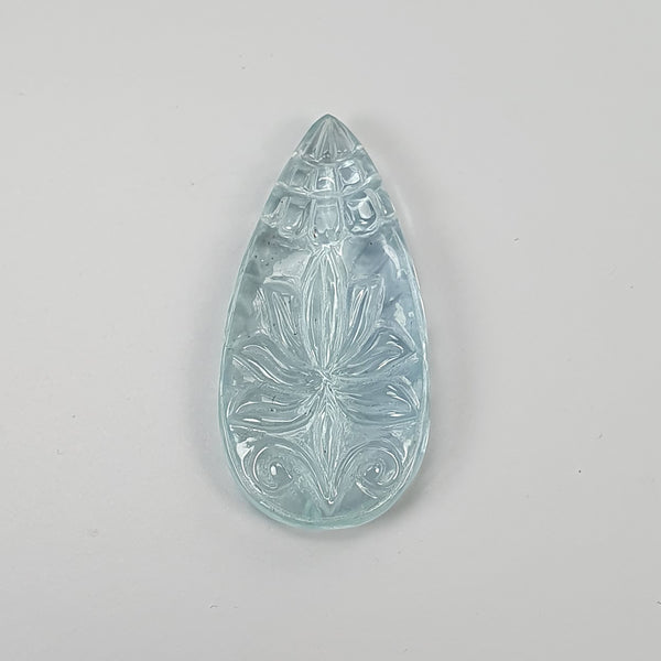 AQUAMARINE Gemstone Carving : 12.26cts Natural Untreated Milky Aqua Pear Shape Hand Carved Leaf 26.5*13mm