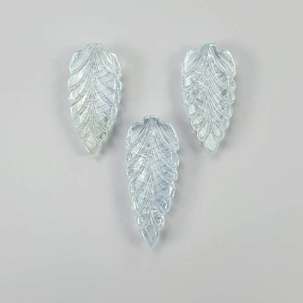 AQUAMARINE Gemstone Carving : 66.50cts Natural Untreated Milky Aqua Hand Carved Leaves 30*14.5mm - 34*14mm 3pcs