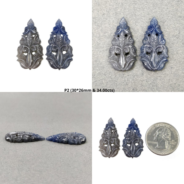 SILVER GRAY & Blue SAPPHIRE Gemstone Carving : Natural Untreated Sapphire Hand Carved Triangle, Pear And Oval Shape Pair