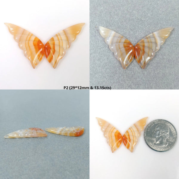 Agate Gemstone Carving : Natural Untreated Bi-Color Botswana Striped Agate Hand Carved BUTTERFLY Pair
