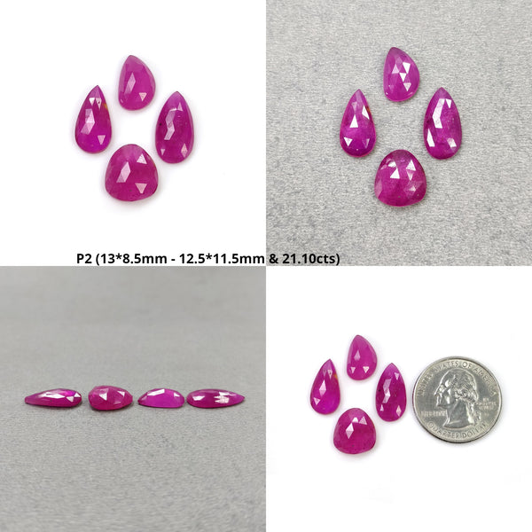Pinkish Red RUBY Gemstone Rose Cut : Natural Glass Filled Ruby Pear & Oval Shape 4pcs (With Video)