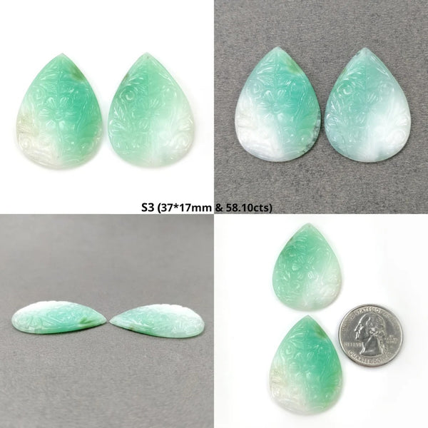 GREEN CHRYSOPRASE Gemstone Carving & Rose Cut : Natural Untreated Untreated Chrysoprase Uneven Pear Shape Sets