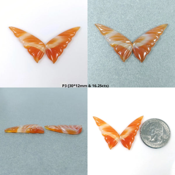 Agate Gemstone Carving : Natural Untreated Bi-Color Botswana Striped Agate Hand Carved BUTTERFLY Pair