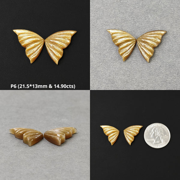 YELLOW Fire MOONSTONE Gemstone Carving : Natural Untreated Unheated Moonstone Hand Carved BUTTERFLY Pair