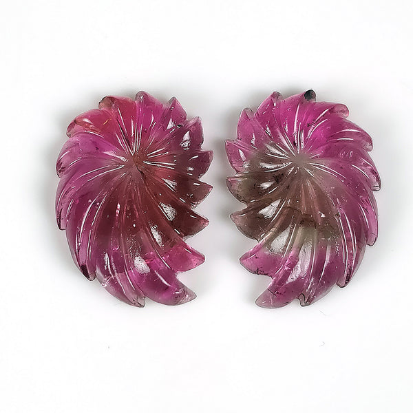 Rubellite TOURMALINE Gemstone Carving : 24.48cts Natural Untreated Pink Tourmaline Hand Carved Floral Carving  23.5*16mm Pair (With Video)